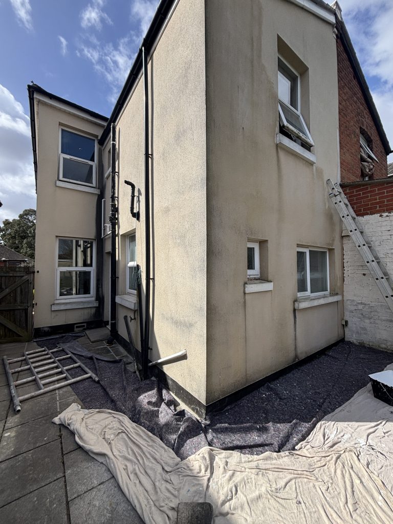 Before exterior house painting in Southampton showing peeling paint and damaged walls
