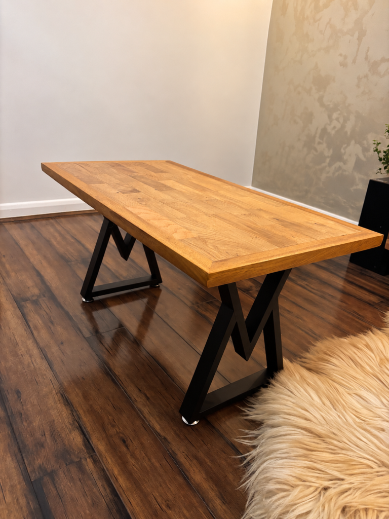 Handcrafted reclaimed oak coffee table with black metal legs in Southampton