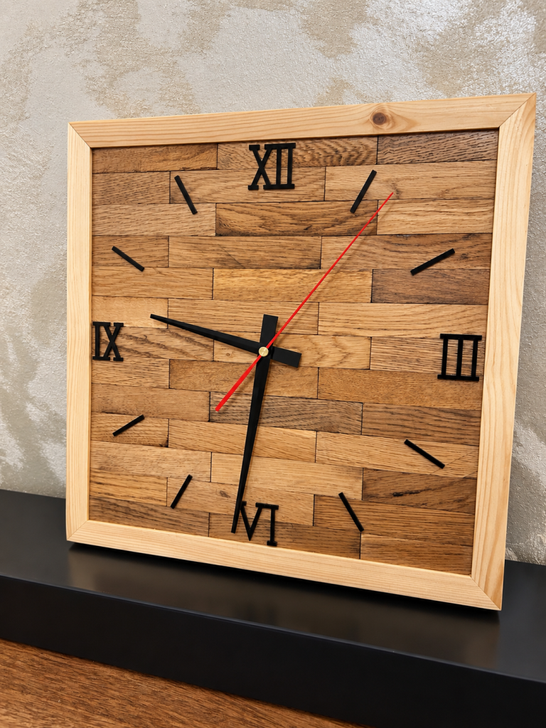 Handcrafted reclaimed oak wall clock with natural timber frame, made in Southampton