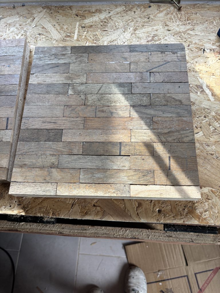 Reclaimed oak pieces prepared for a handmade wooden clock
