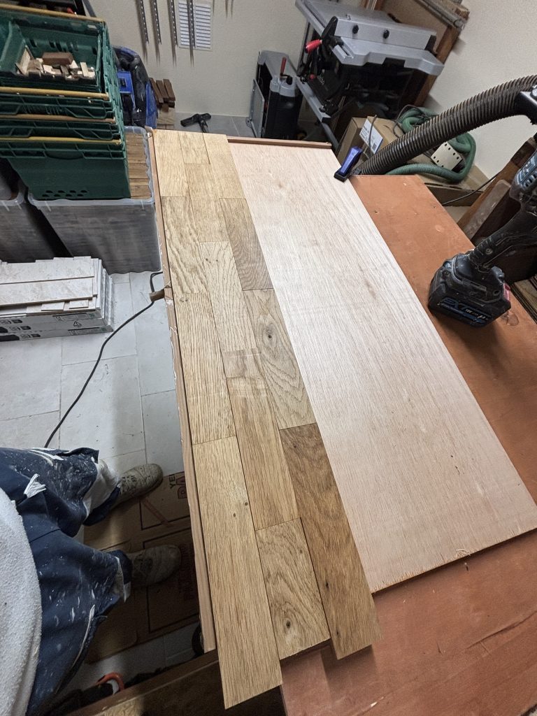 Reclaimed oak coffee table top during the making process